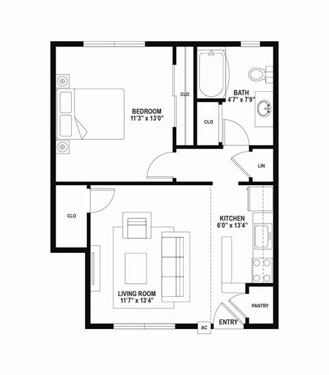 Floor plan for 1 bed, 1 bath, 700 sqft